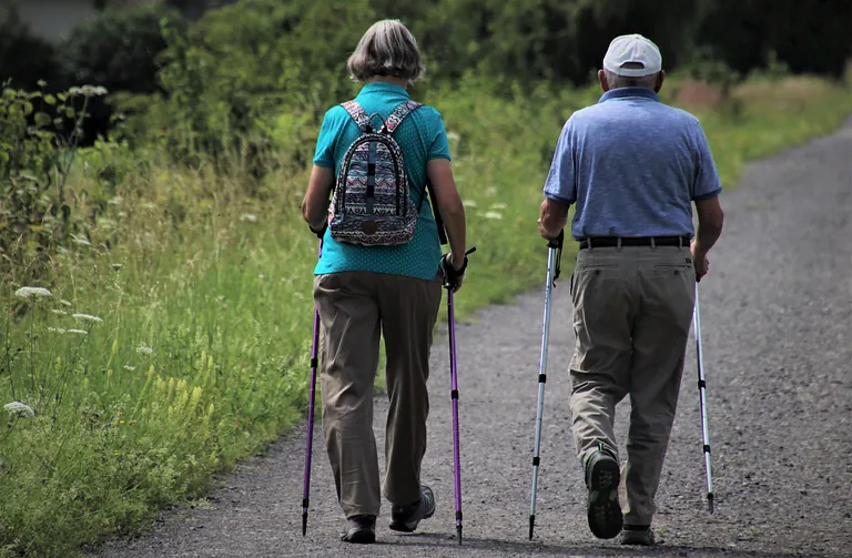 Älteres Paar beim Nordic Walking auf einem Weg, umgeben von üppigem Grün.